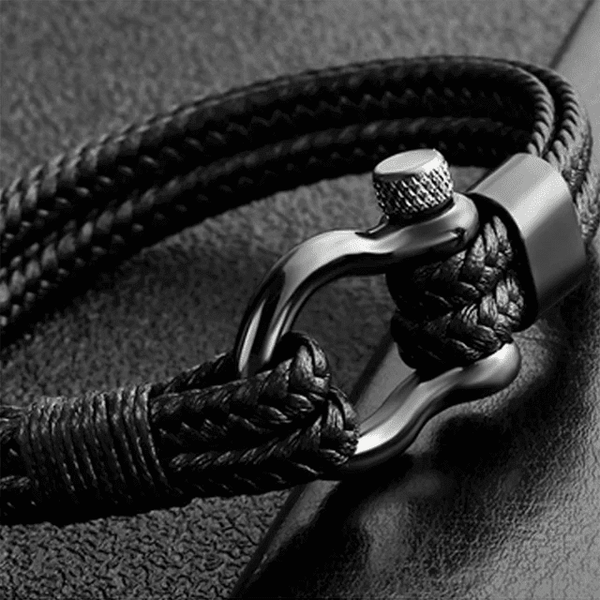 HORSESHOE BUCKLE BLACK - Genuine Leather Braided Bracelet with Stainless Steel Clasp Pin for Men & Boys (8 inch)