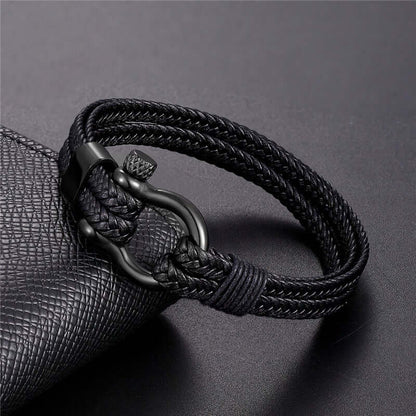 HORSESHOE BUCKLE BLACK - Genuine Leather Braided Bracelet with Stainless Steel Clasp Pin for Men & Boys (8 inch) — Leather Bracelet for Men | THE MEN THING