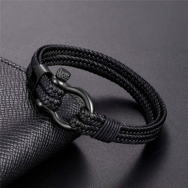 HORSESHOE BUCKLE BLACK - Genuine Leather Braided Bracelet with Stainless Steel Clasp Pin for Men & Boys (8 inch)