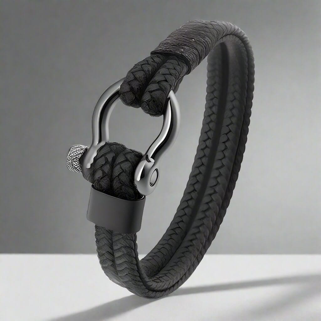 HORSESHOE BUCKLE BLACK - Genuine Leather Braided Bracelet with Stainless Steel Clasp Pin for Men & Boys (8 inch) — Leather Bracelet for Men | THE MEN THING