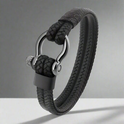 HORSESHOE BUCKLE BLACK - Genuine Leather Braided Bracelet with Stainless Steel Clasp Pin for Men & Boys (8 inch) — Leather Bracelet for Men | THE MEN THING