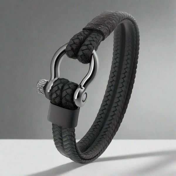 HORSESHOE BUCKLE BLACK - Genuine Leather Braided Bracelet with Stainless Steel Clasp Pin for Men & Boys (8 inch)