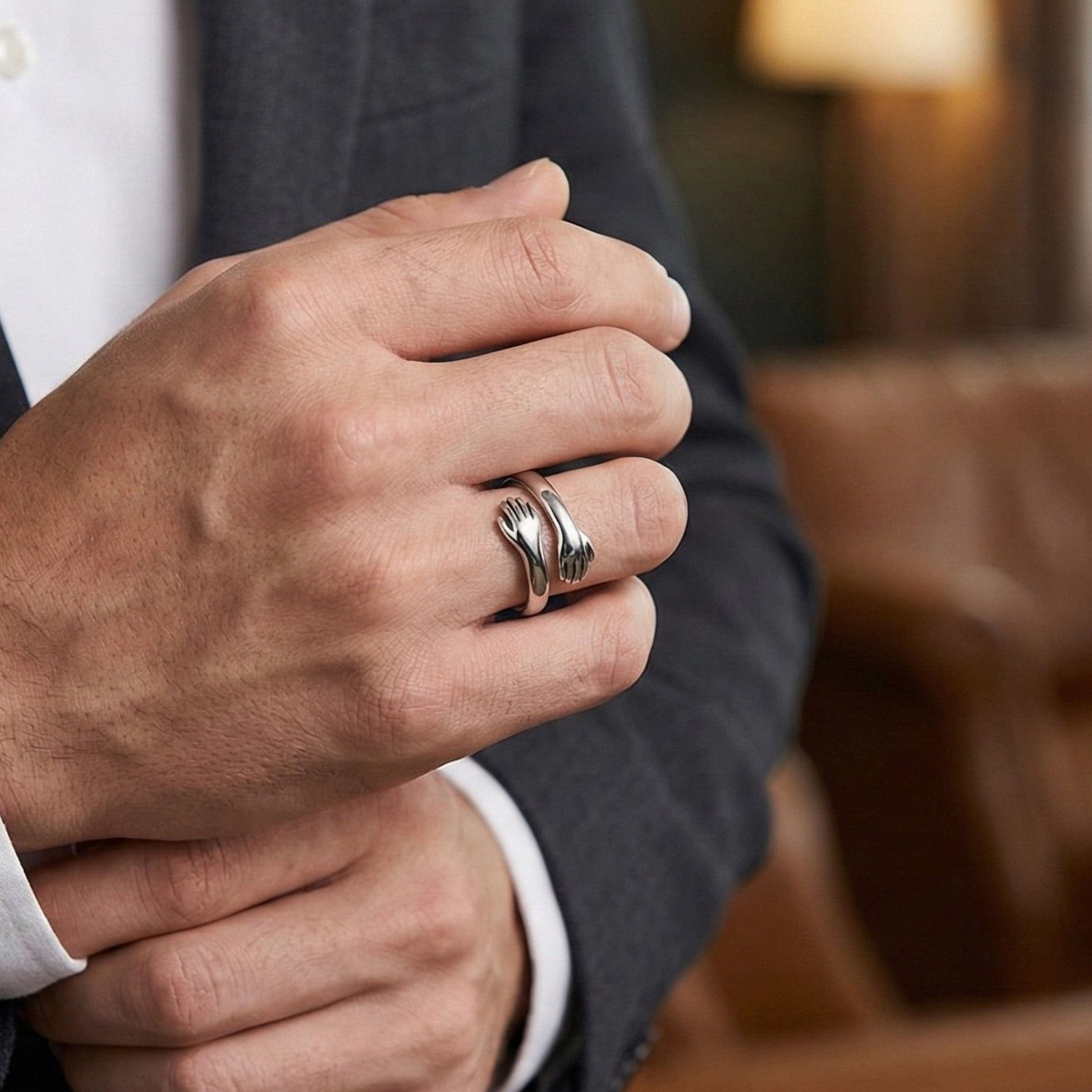 HUG HANDS - Pure Stainless Steel Men’s Steel-Plated Adjustable Ring — Rings for Men | THE MEN THING
