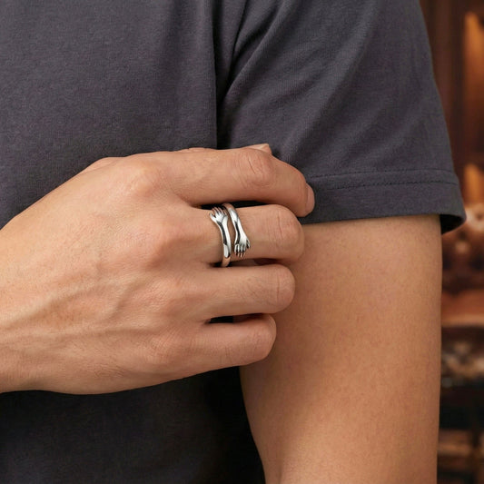 HUG HANDS - Pure Stainless Steel Men’s Steel-Plated Adjustable Ring - THE MEN THING