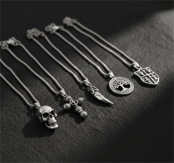 High Stakes 5-Piece Collector's Pendant Set – JOKER DECK, ALLMIGHTY CROSS, SKULLBIG, VICTORY TOOTH, & TREE OF LIFE Necklaces on 24 Inch Stainless Steel Chain for Mens and Boys