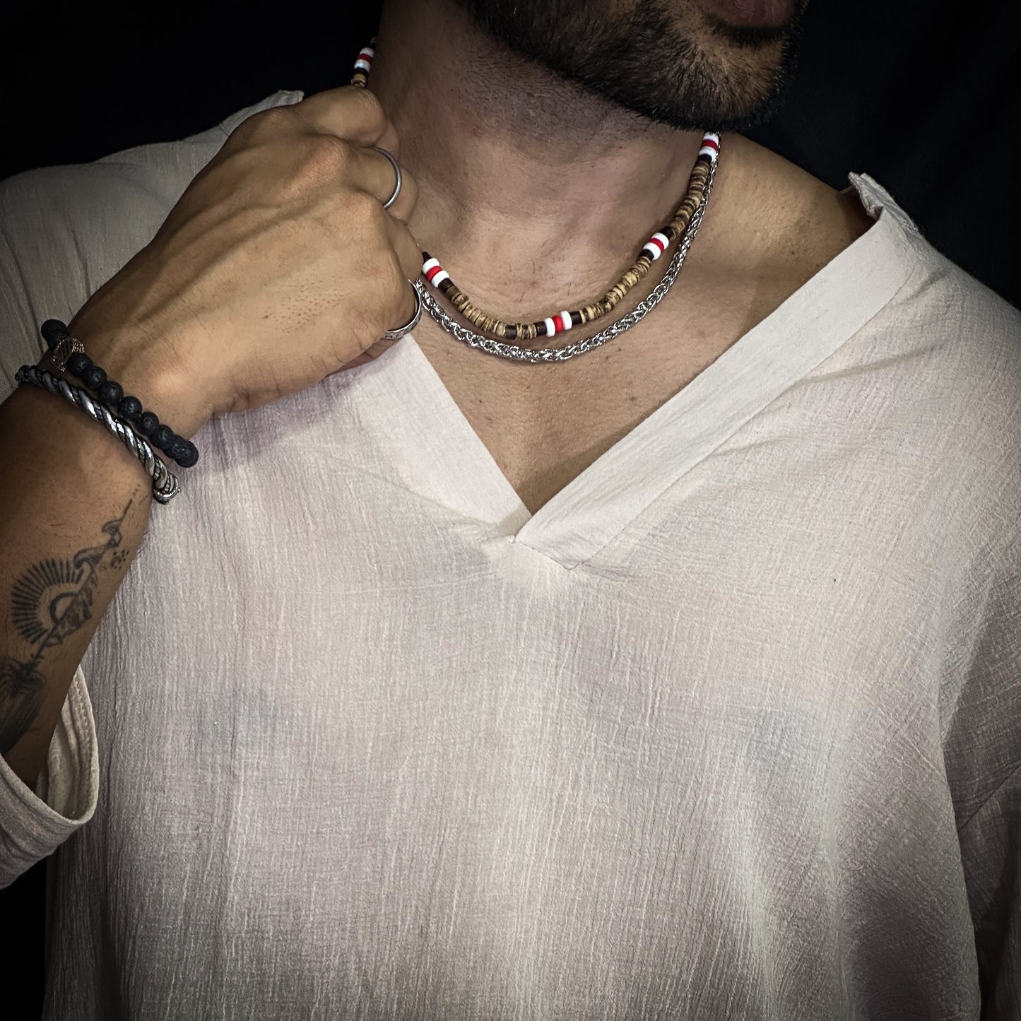 Wenge Wood Multi-Layered - Natural Wood Beaded Necklace With Twisted Steel Link Chain For Mens &