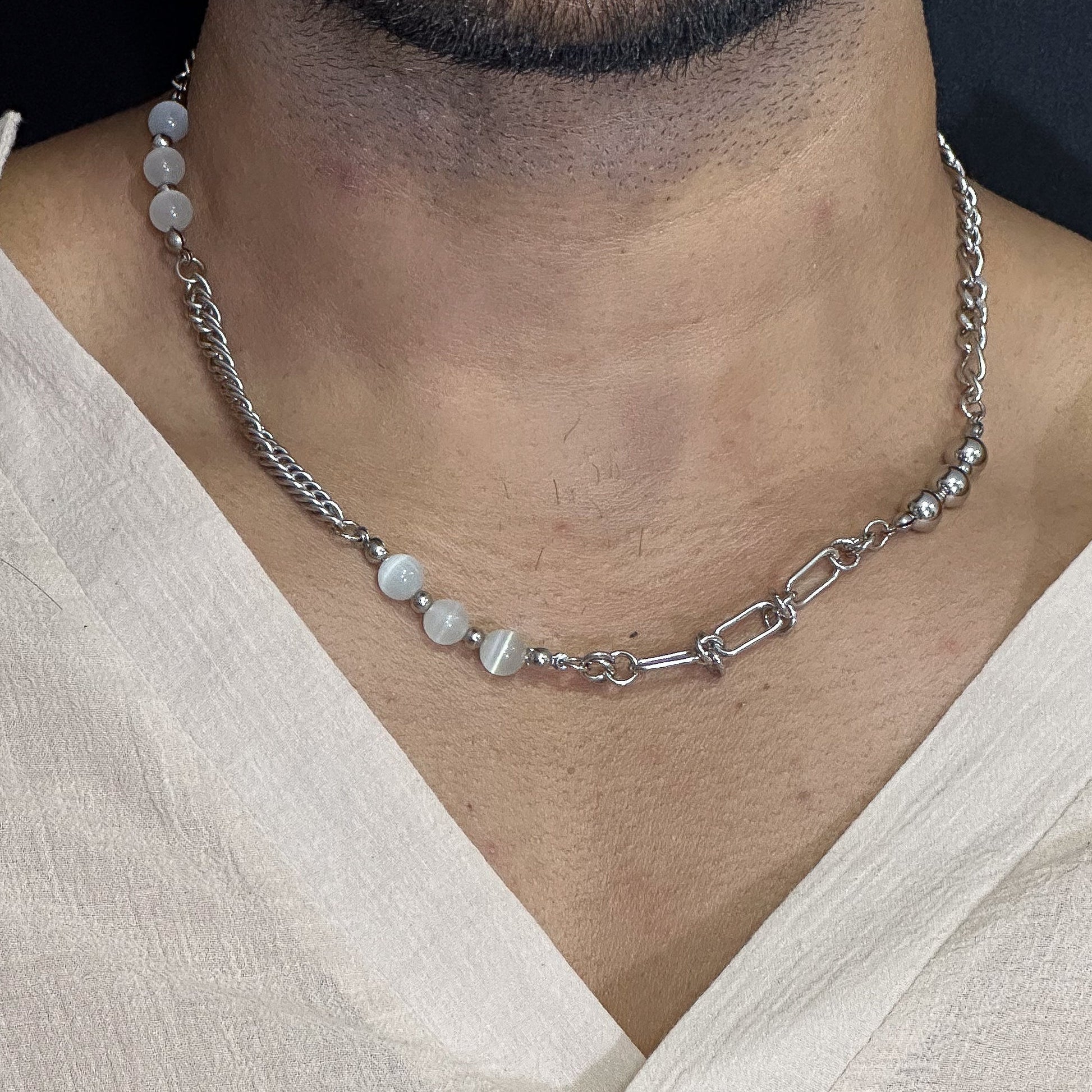 Pearlized Amalgamation - Stylish Trigon Pearl Necklaces Fusioned With Steel Chain For Men And Boys