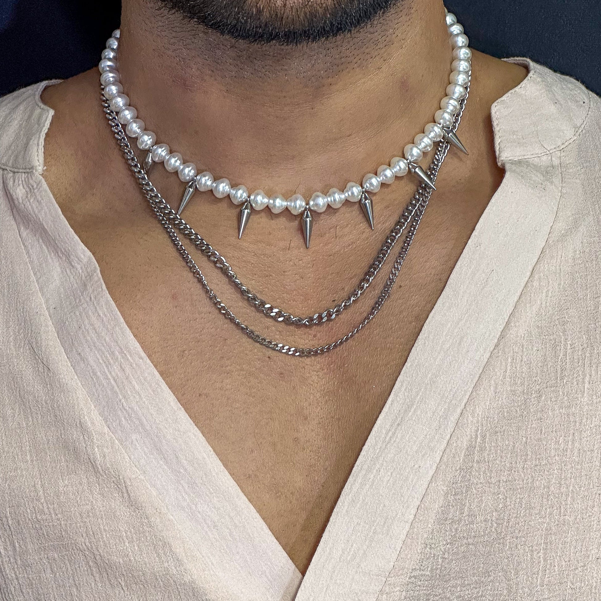 Prismatic Pearl Armory - Pearl Necklace With Man Stainless Steel Cuban Chain Spikes Pendant For Men