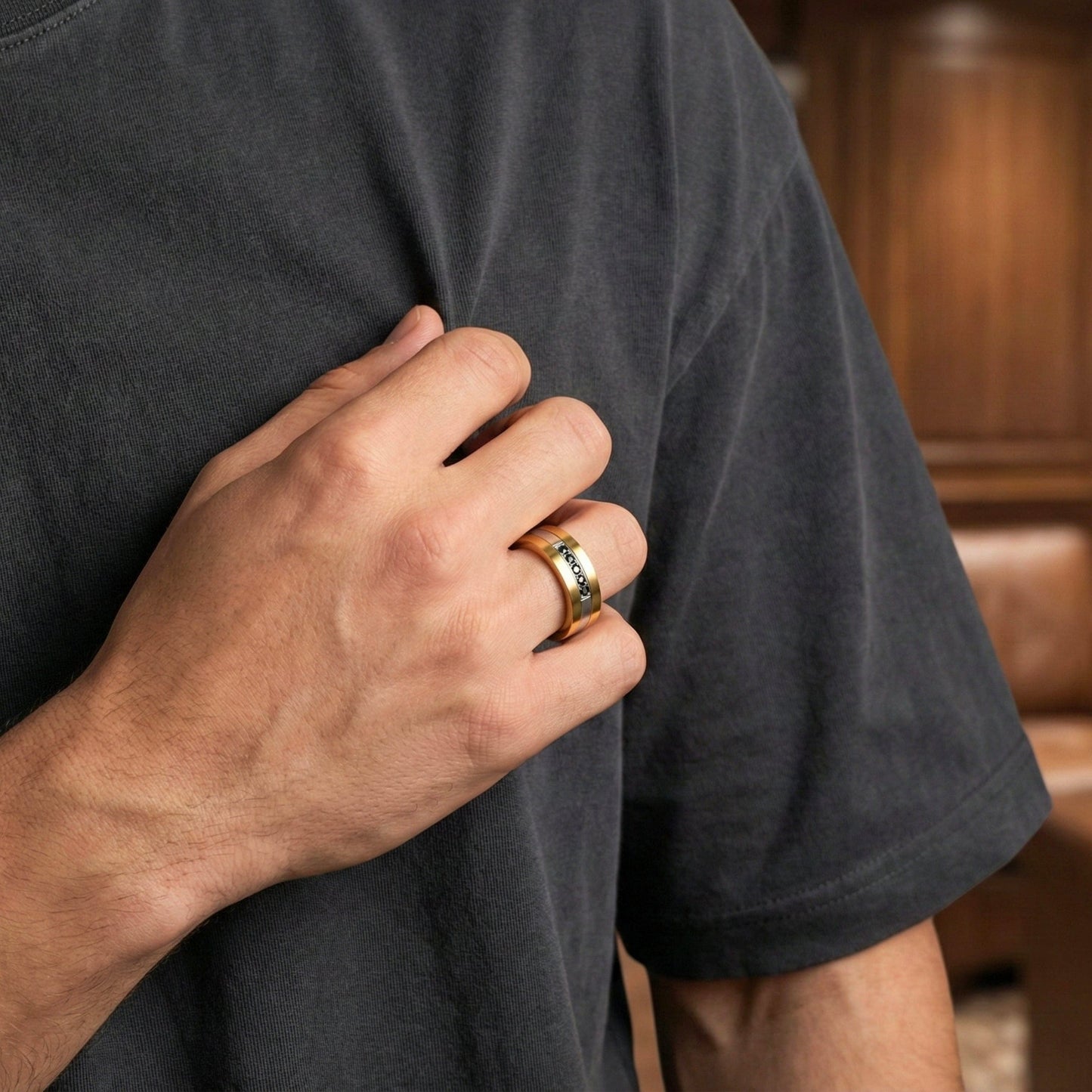 IMPERIAL AXIS RING - Pure Stainless Steel Men’s Steel-Gold-Plated Ring (Size : 17-22-27) - THE MEN THING