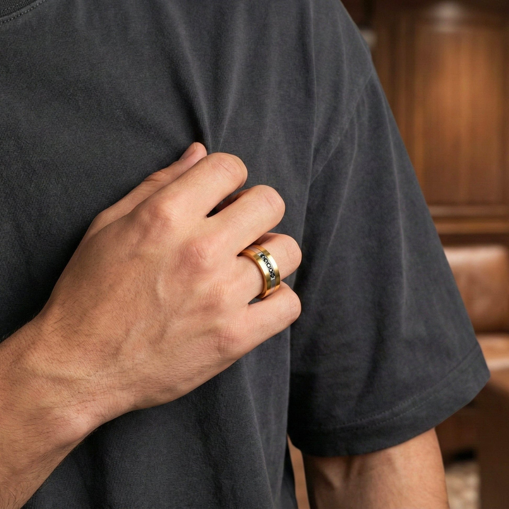IMPERIAL AXIS RING - Pure Stainless Steel Men’s Steel-Gold-Plated Ring (Size : 17-22-27) - THE MEN THING