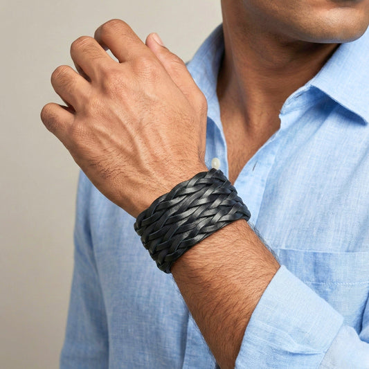 INFERNO TWIST - 50.5mm Black Genuine Leather Adjustable Bracelet for Men & Boys (9 inch) - THE MEN THING