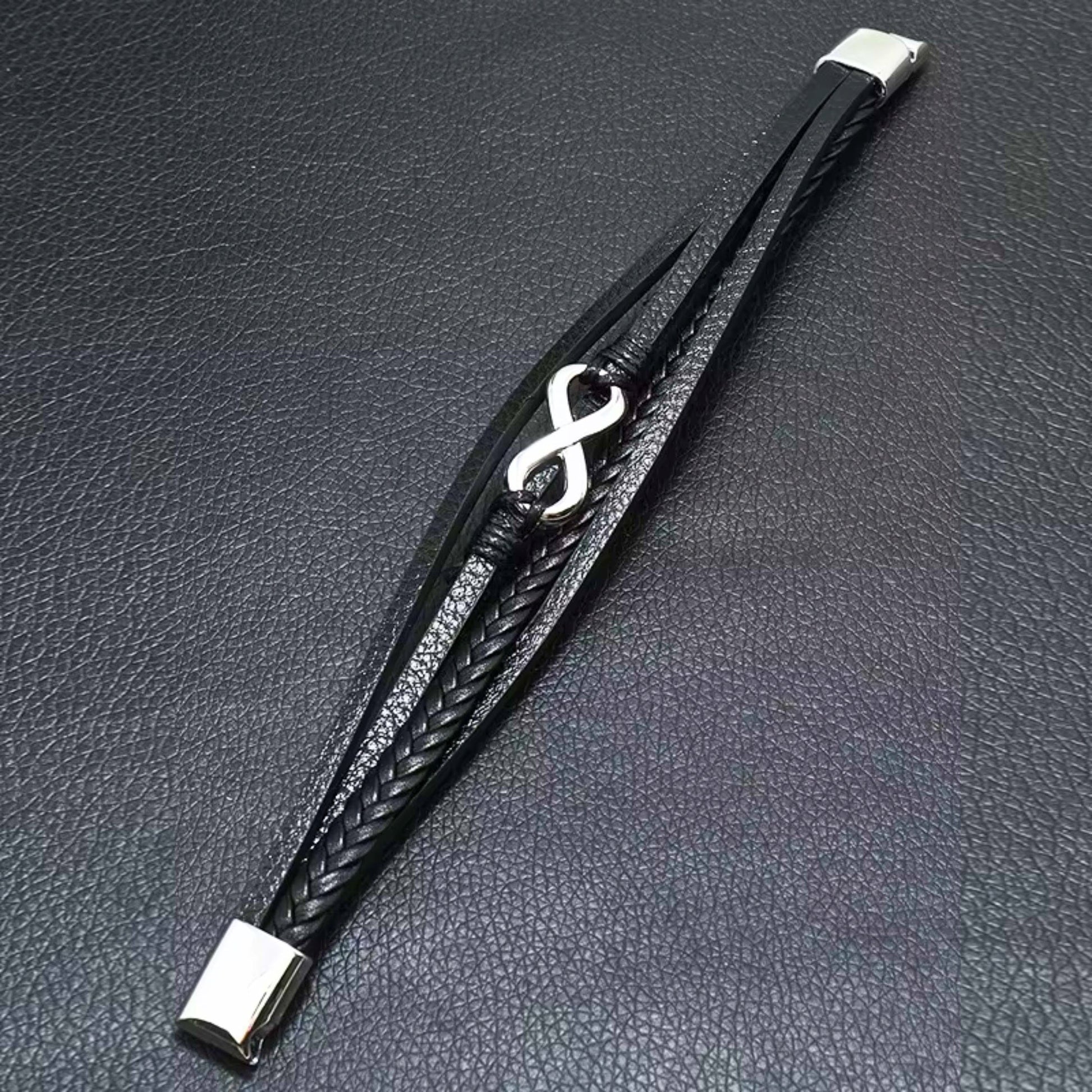 INFINITE ROGUE - Black 25mm Genuine Leather Multi-Layer Braided Bracelet with Stainless Steel Magnetic Buckle for Men & Boys (8 inch) - THE MEN THING