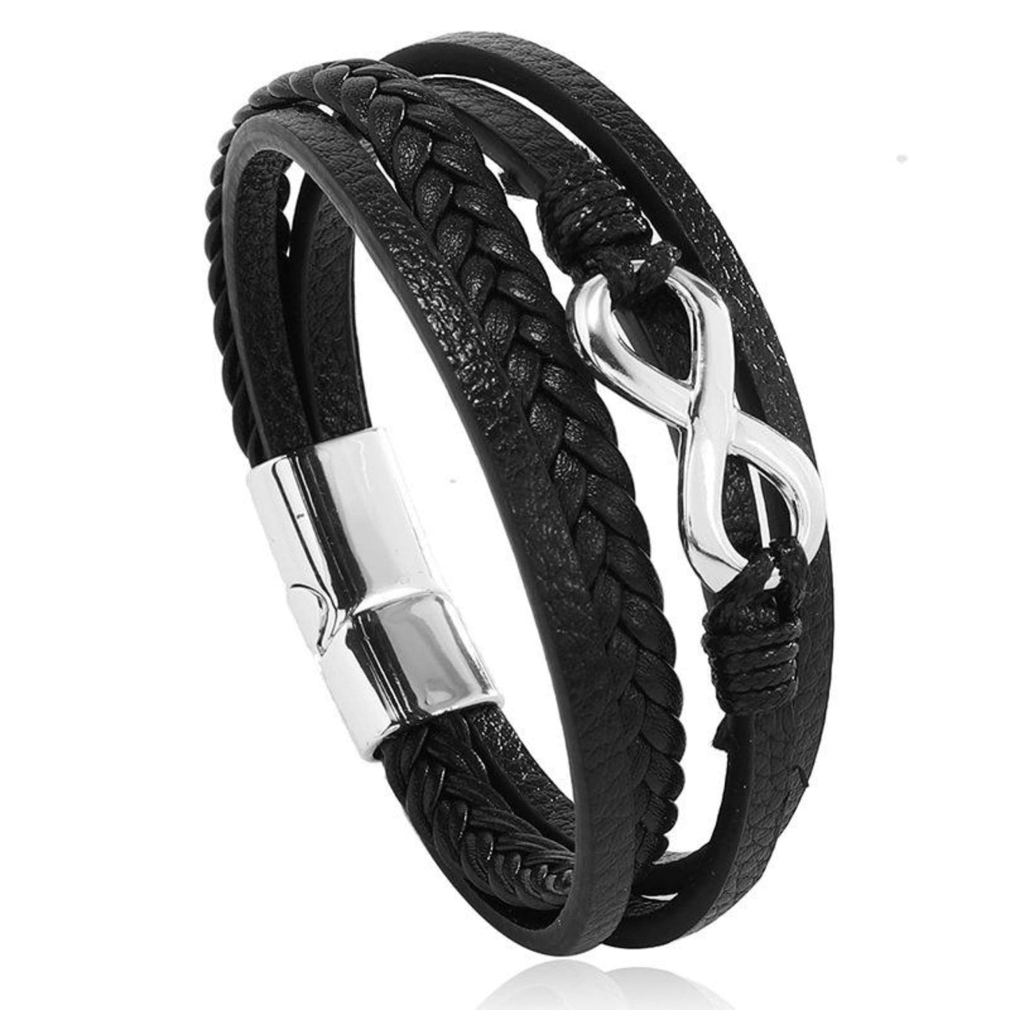 INFINITE ROGUE - Black 25mm Genuine Leather Multi-Layer Braided Bracelet with Stainless Steel Magnetic Buckle for Men & Boys (8 inch) - THE MEN THING