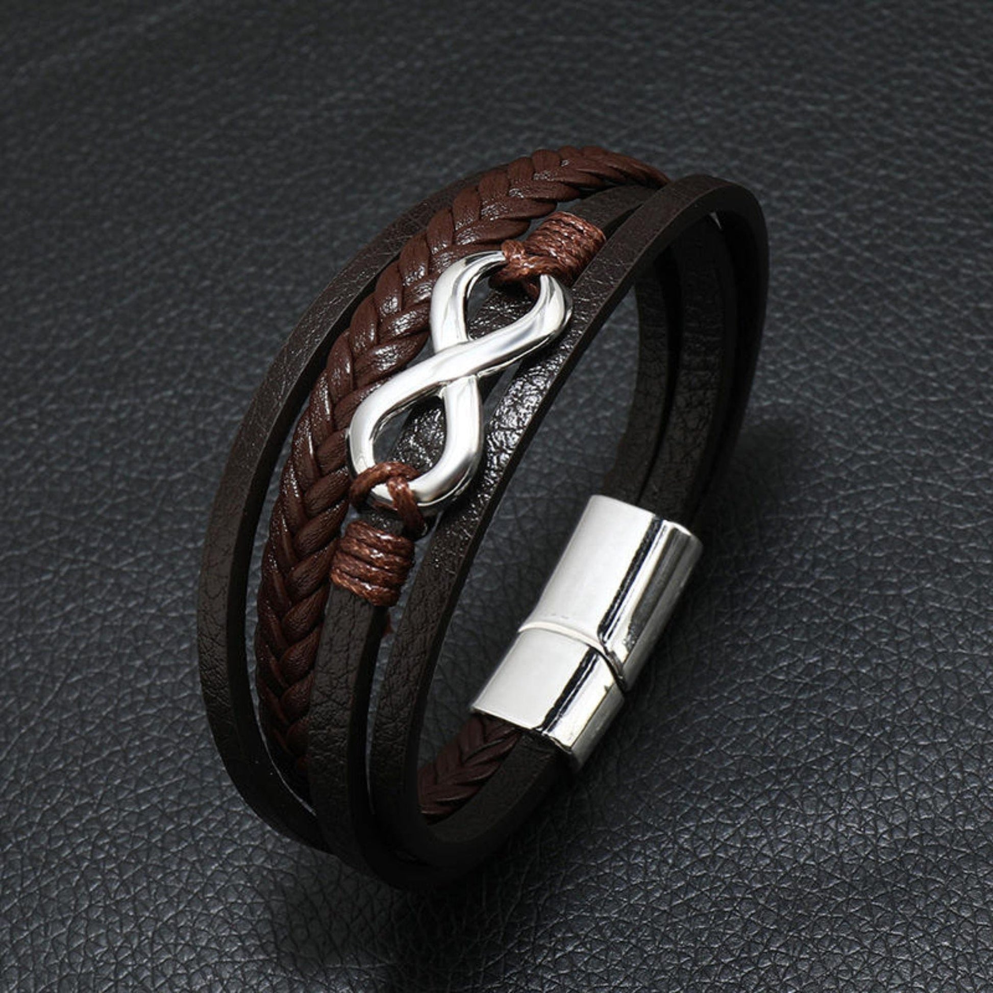 INFINITE ROGUE - Dark Brown 25mm Genuine Leather Bracelet with Stainless Steel Magnetic Buckle for Men & Boys (8 inch) - THE MEN THING