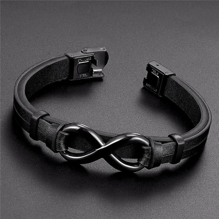 INFINITY 8 BLACK - Genuine Leather Double Layer Bracelet with Stainless Steel Hook for Men & Boys (8 inch) — Leather Bracelet for Men | THE MEN THING