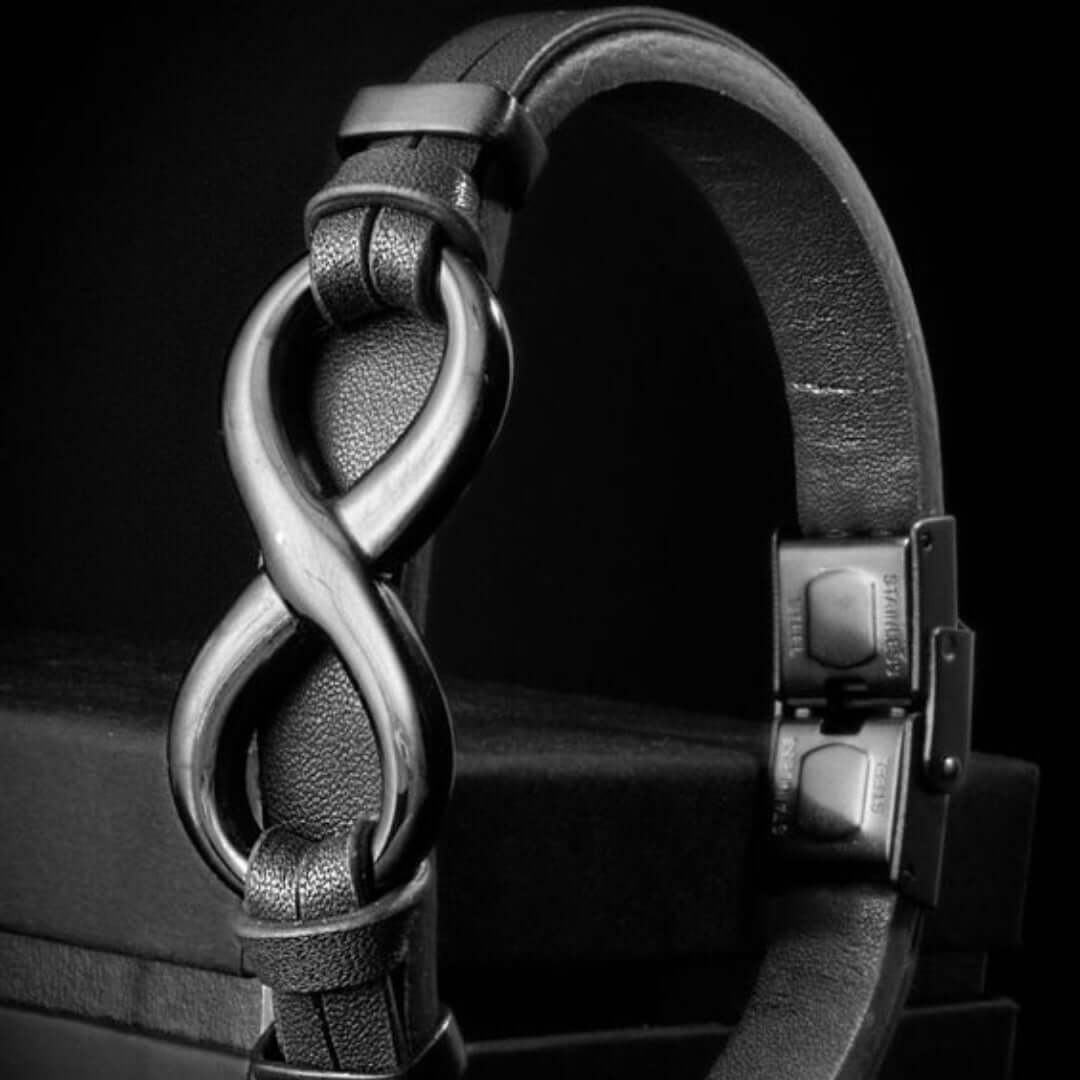 INFINITY 8 BLACK - Genuine Leather Double Layer Bracelet with Stainless Steel Hook for Men & Boys (8 inch) — Leather Bracelet for Men | THE MEN THING