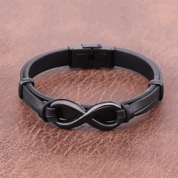 INFINITY 8 BLACK - Genuine Leather Double Layer Bracelet with Stainless Steel Hook for Men & Boys (8 inch)