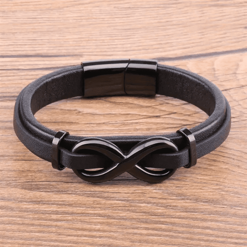 INFINITY 8 BLACK - Genuine Leather Double Layer Bracelet with Stainless Steel Hook for Men & Boys (8 inch) — Leather Bracelet for Men | THE MEN THING
