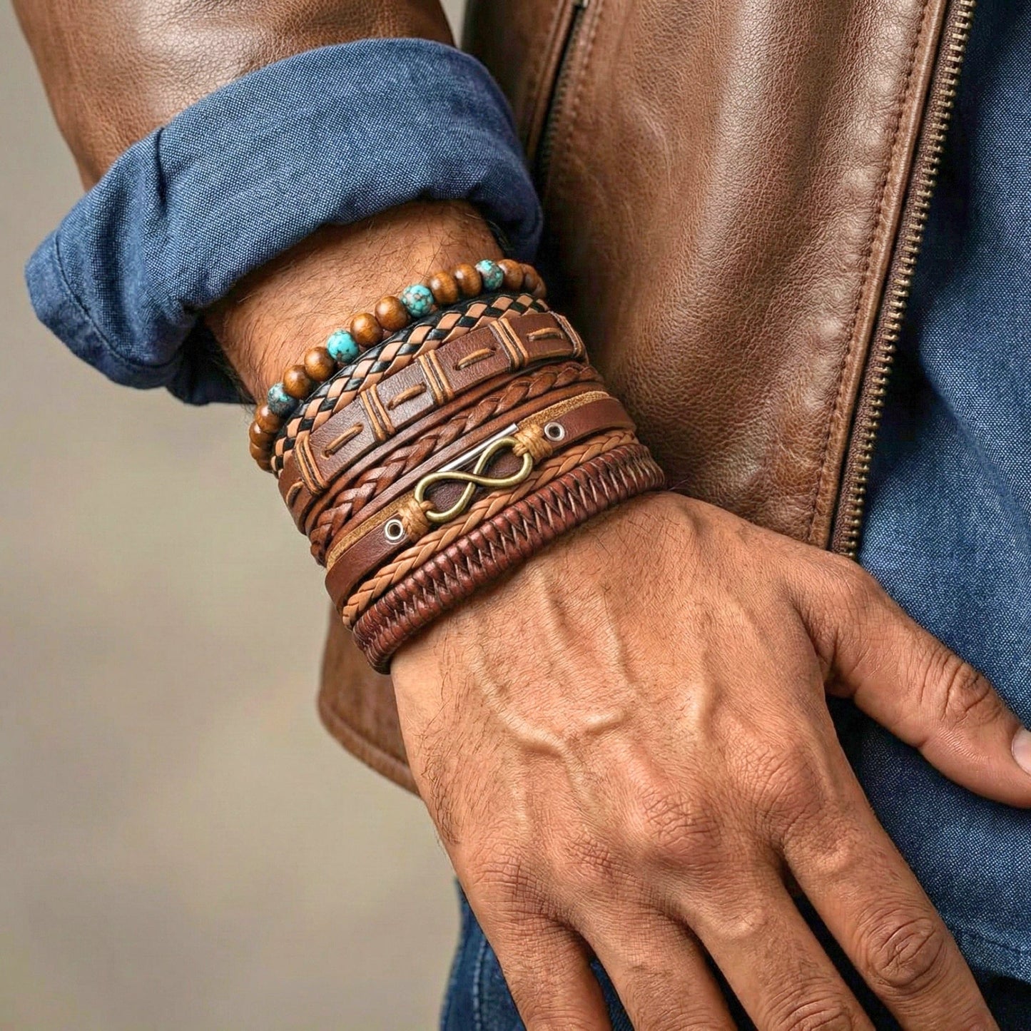 INFINITY EARTH - 6 Pcs Genuine Leather Adjustable Bracelet Set for Men & Boys (8 inch) - THE MEN THING