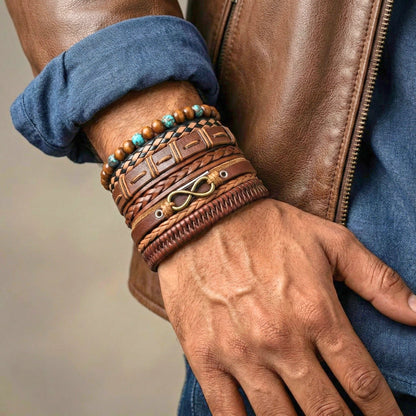INFINITY EARTH - 6 Pcs Genuine Leather Adjustable Bracelet Set for Men & Boys (8 inch) - THE MEN THING