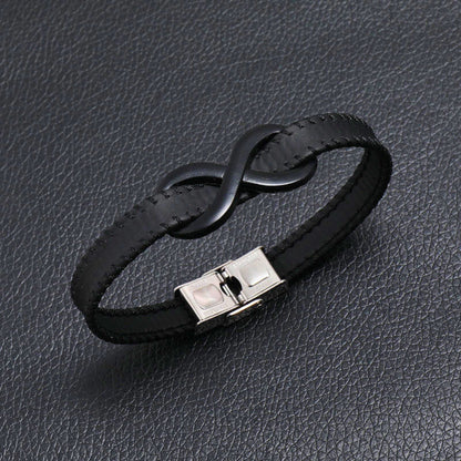 INFINITY NOIR - Black 10mm Genuine Leather Bracelet with Stainless Steel Fold-Over Push Clasp for Men & Boys (8 inch) - THE MEN THING