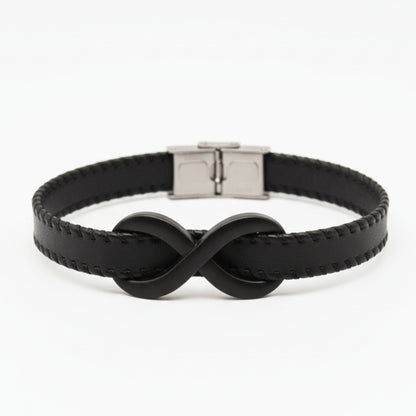 INFINITY NOIR - Black 10mm Genuine Leather Bracelet with Stainless Steel Fold-Over Push Clasp for Men & Boys (8 inch) - THE MEN THING