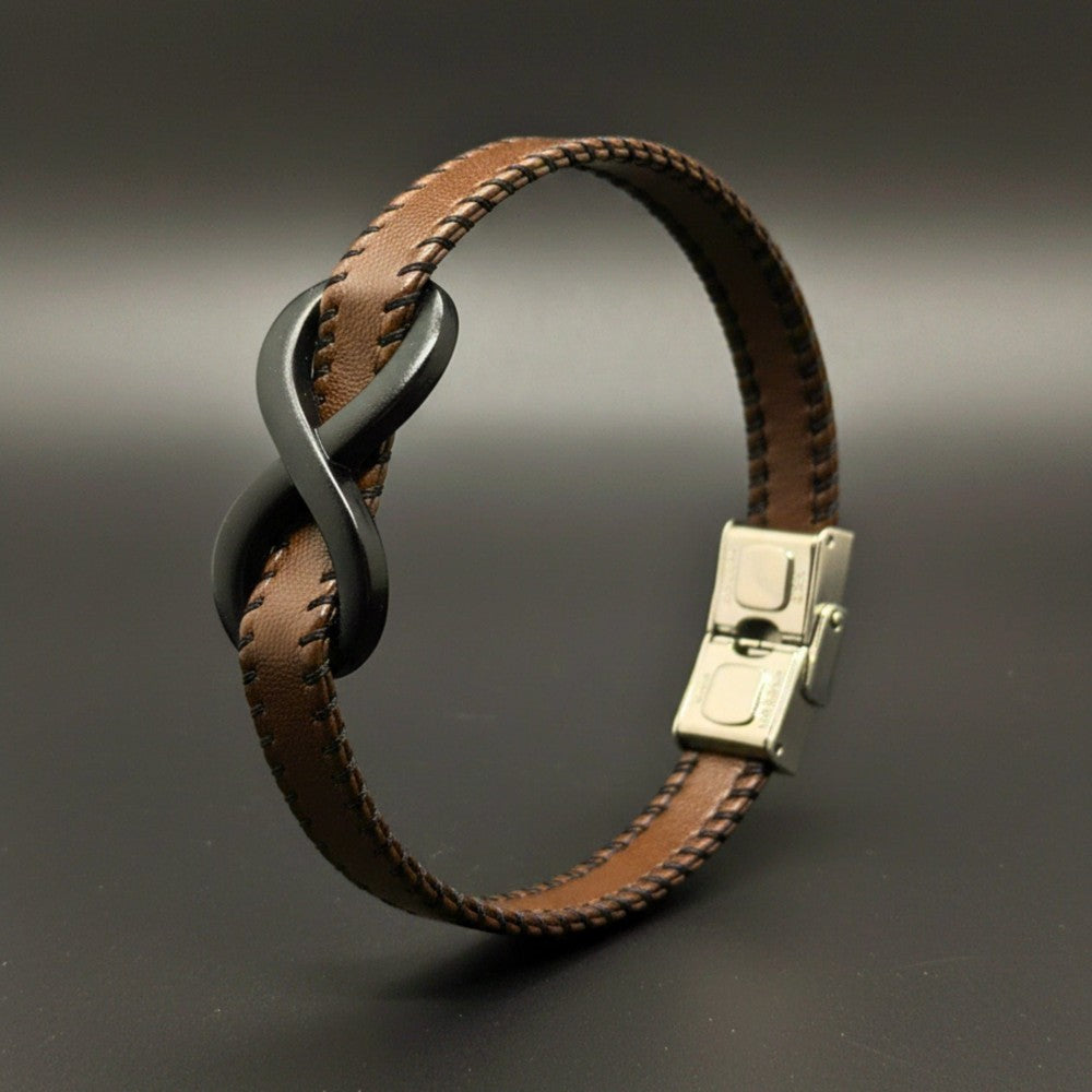 INFINITY NOIR - Dark Brown 10mm Genuine Leather Bracelet with Stainless Steel Fold-Over Push Clasp for Men & Boys (8 inch) - THE MEN THING