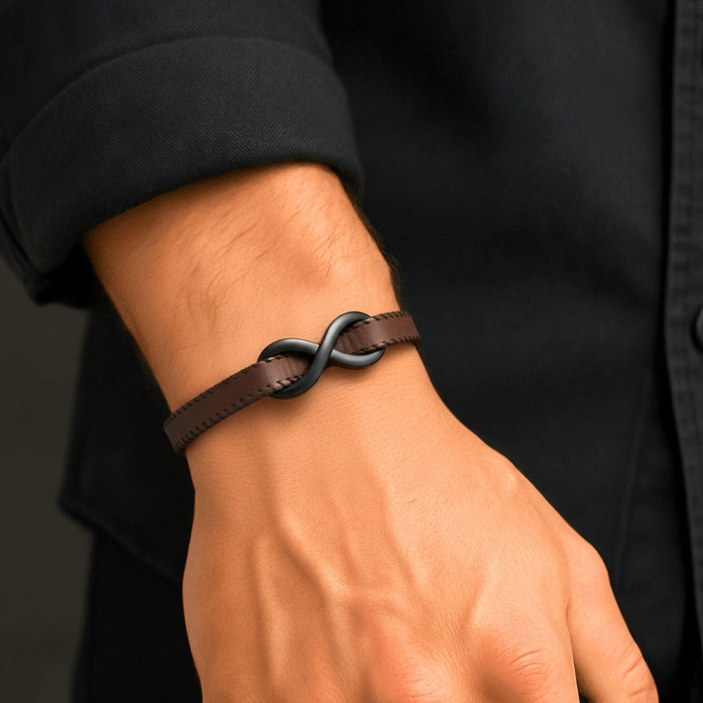 INFINITY NOIR - Dark Brown 10mm Genuine Leather Bracelet with Stainless Steel Fold-Over Push Clasp for Men & Boys (8 inch) - THE MEN THING