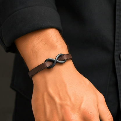 INFINITY NOIR - Dark Brown 10mm Genuine Leather Bracelet with Stainless Steel Fold-Over Push Clasp for Men & Boys (8 inch) - THE MEN THING