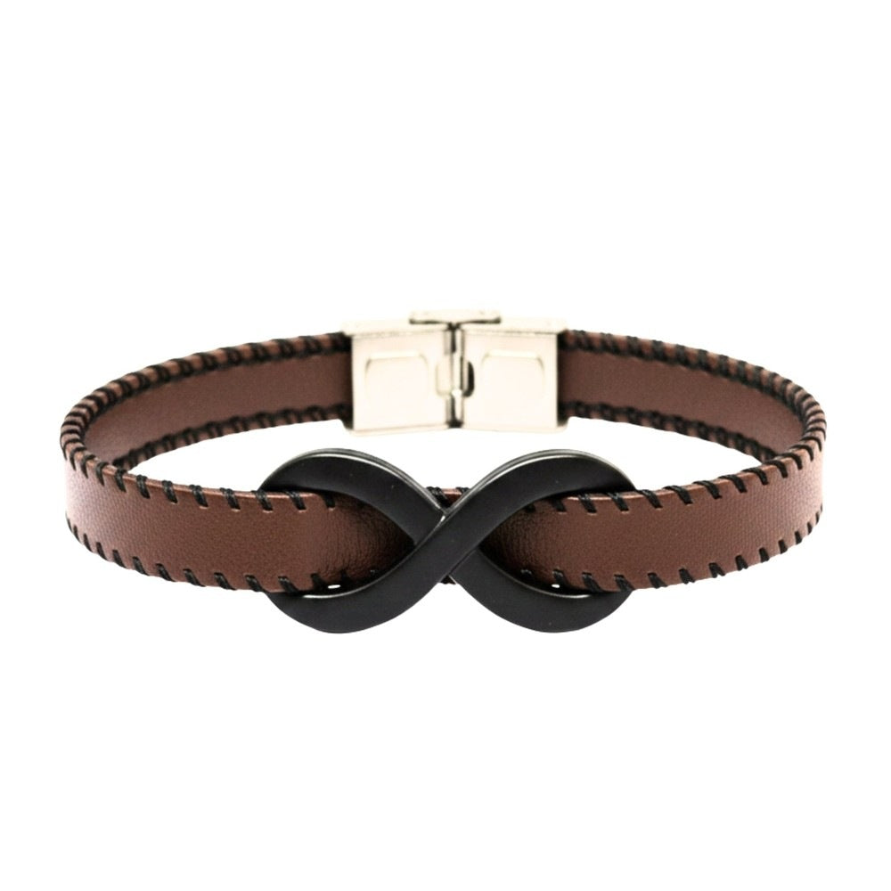 INFINITY NOIR - Dark Brown 10mm Genuine Leather Bracelet with Stainless Steel Fold-Over Push Clasp for Men & Boys (8 inch) - THE MEN THING