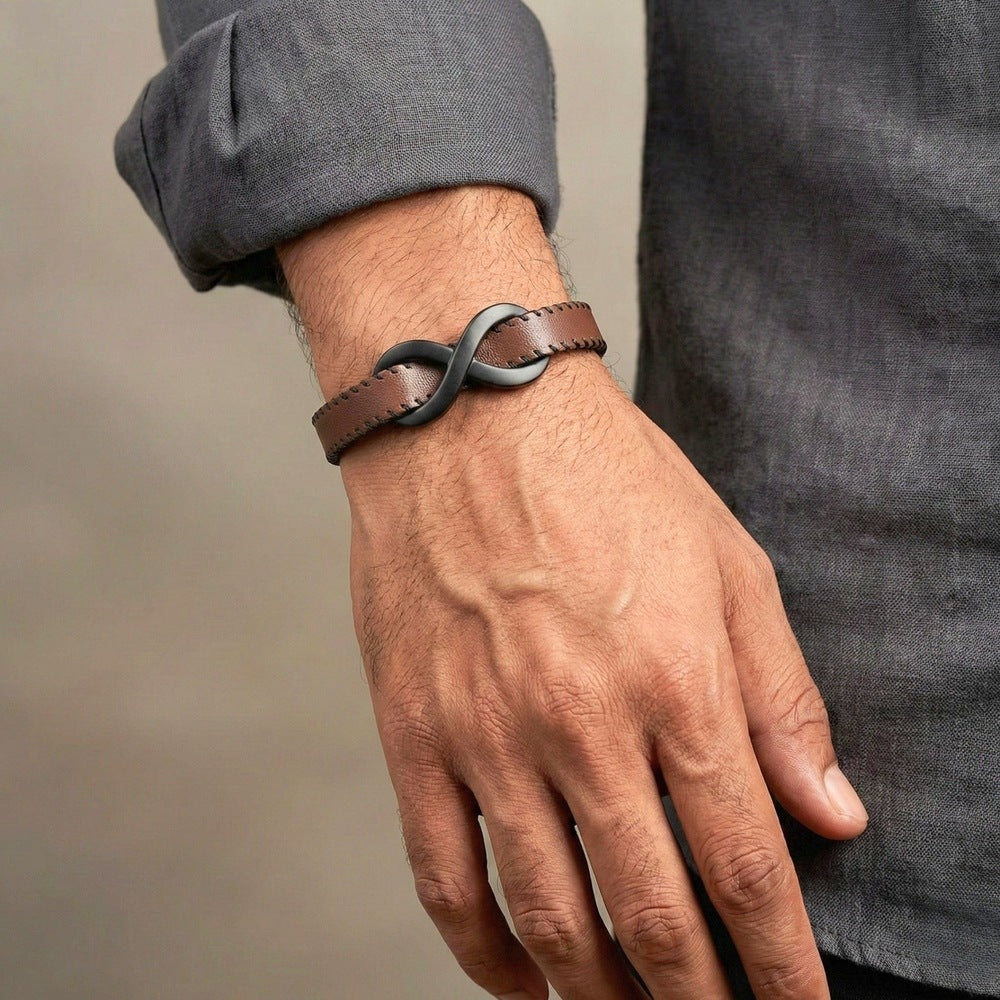 INFINITY NOIR - Dark Brown 10mm Genuine Leather Bracelet with Stainless Steel Fold-Over Push Clasp for Men & Boys (8 inch) - THE MEN THING
