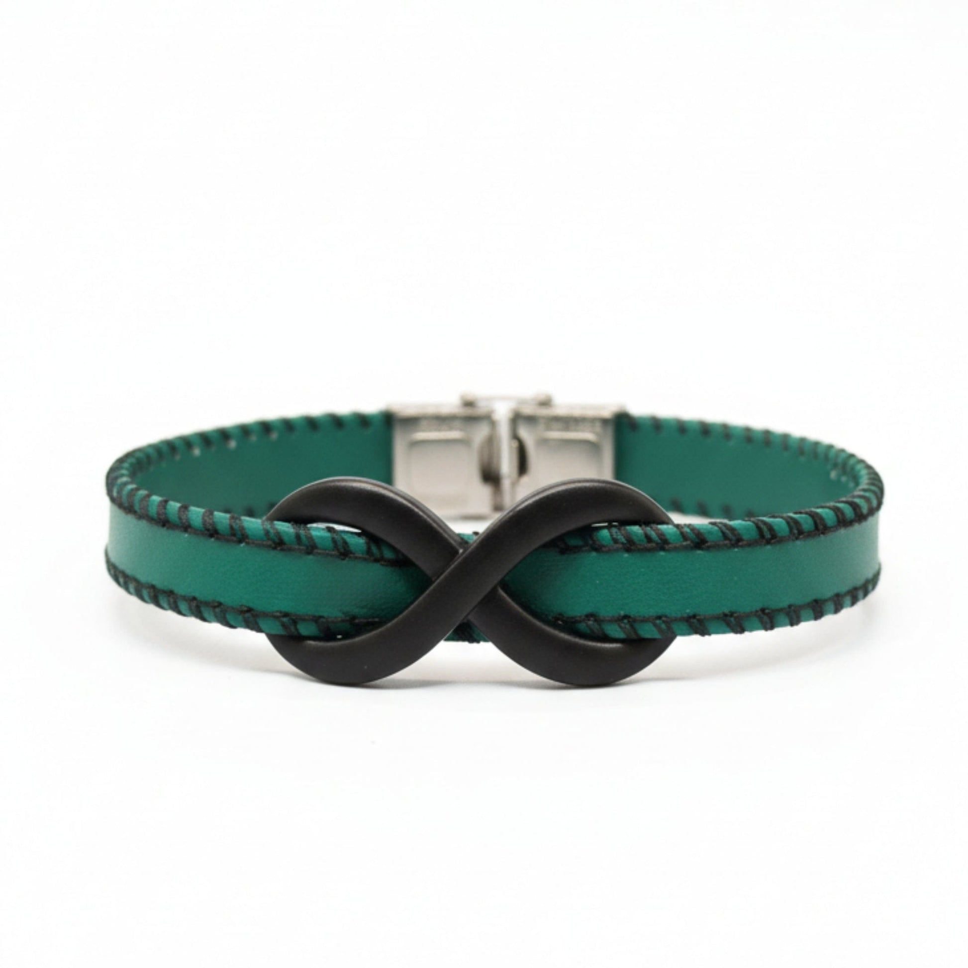 INFINITY NOIR - Teal Green 10mm Genuine Leather Bracelet with Stainless Steel Fold-Over Push Clasp for Men & Boys (8 inch) - THE MEN THING
