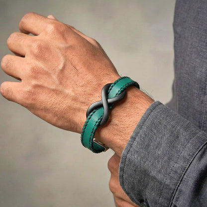 INFINITY NOIR - Teal Green 10mm Genuine Leather Bracelet with Stainless Steel Fold-Over Push Clasp for Men & Boys (8 inch) - THE MEN THING