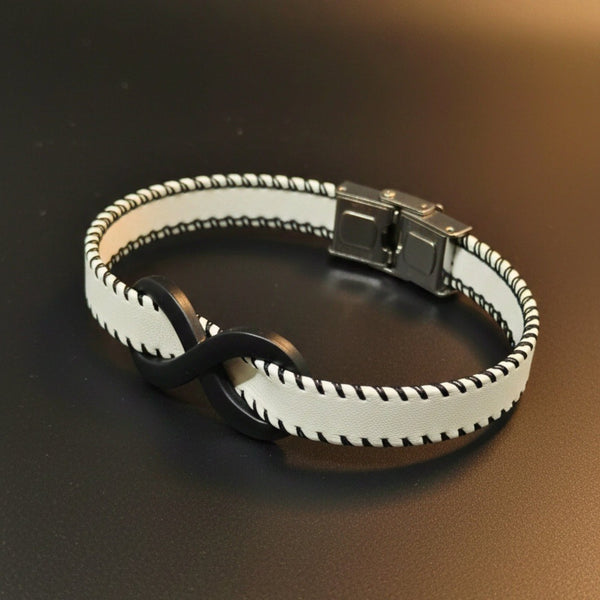 INFINITY NOIR - White 10mm Genuine Leather Bracelet with Stainless Steel Fold-Over Push Clasp for Men & Boys (8 inch)
