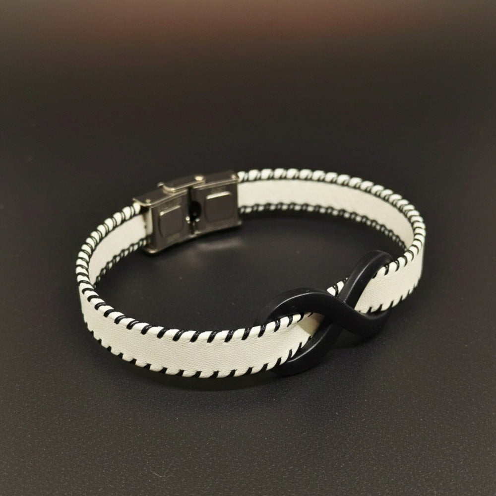 INFINITY NOIR - White 10mm Genuine Leather Bracelet with Stainless Steel Fold-Over Push Clasp for Men & Boys (8 inch) - THE MEN THING