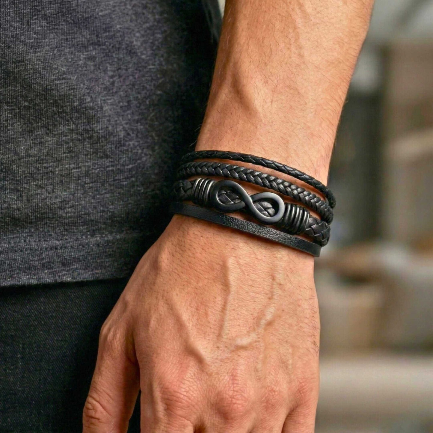 INFINITY WRAP - BLACK - 27mm Genuine Leather Multi-Layer Braided Bracelet with Stainless Steel Magnetic Buckle for Men & Boys (8 inch) — Leather Bracelet for Men | THE MEN THING