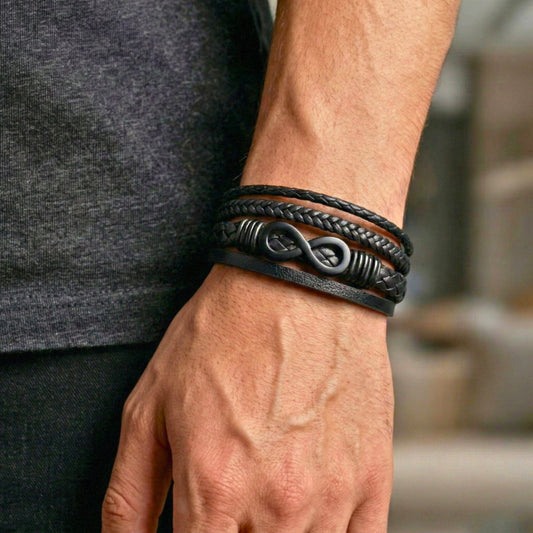 INFINITY WRAP - BLACK - 27mm Genuine Leather Multi-Layer Braided Bracelet with Stainless Steel Magnetic Buckle for Men & Boys (8 inch) - THE MEN THING