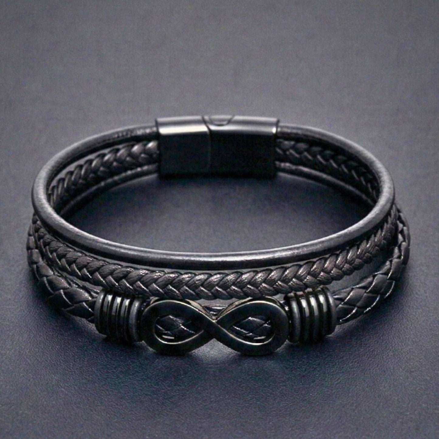 INFINITY WRAP - BLACK - 27mm Genuine Leather Multi-Layer Braided Bracelet with Stainless Steel Magnetic Buckle for Men & Boys (8 inch) — Leather Bracelet for Men | THE MEN THING