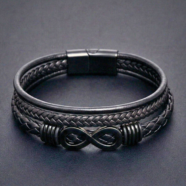 INFINITY WRAP - BLACK - 27mm Genuine Leather Multi-Layer Braided Bracelet with Stainless Steel Magnetic Buckle for Men & Boys (8 inch)
