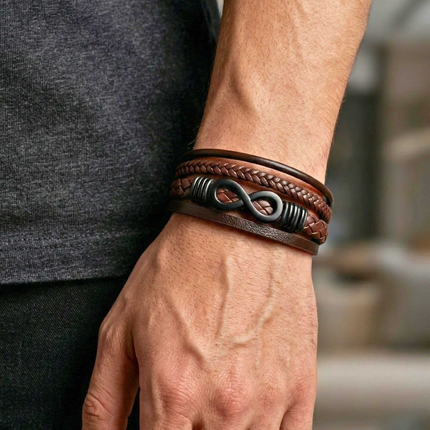 INFINITY WRAP - BROWN- 27mm Genuine Leather Multi-Layer Braided Bracelet with Stainless Steel Magnetic Buckle for Men & Boys (8 inch) - THE MEN THING