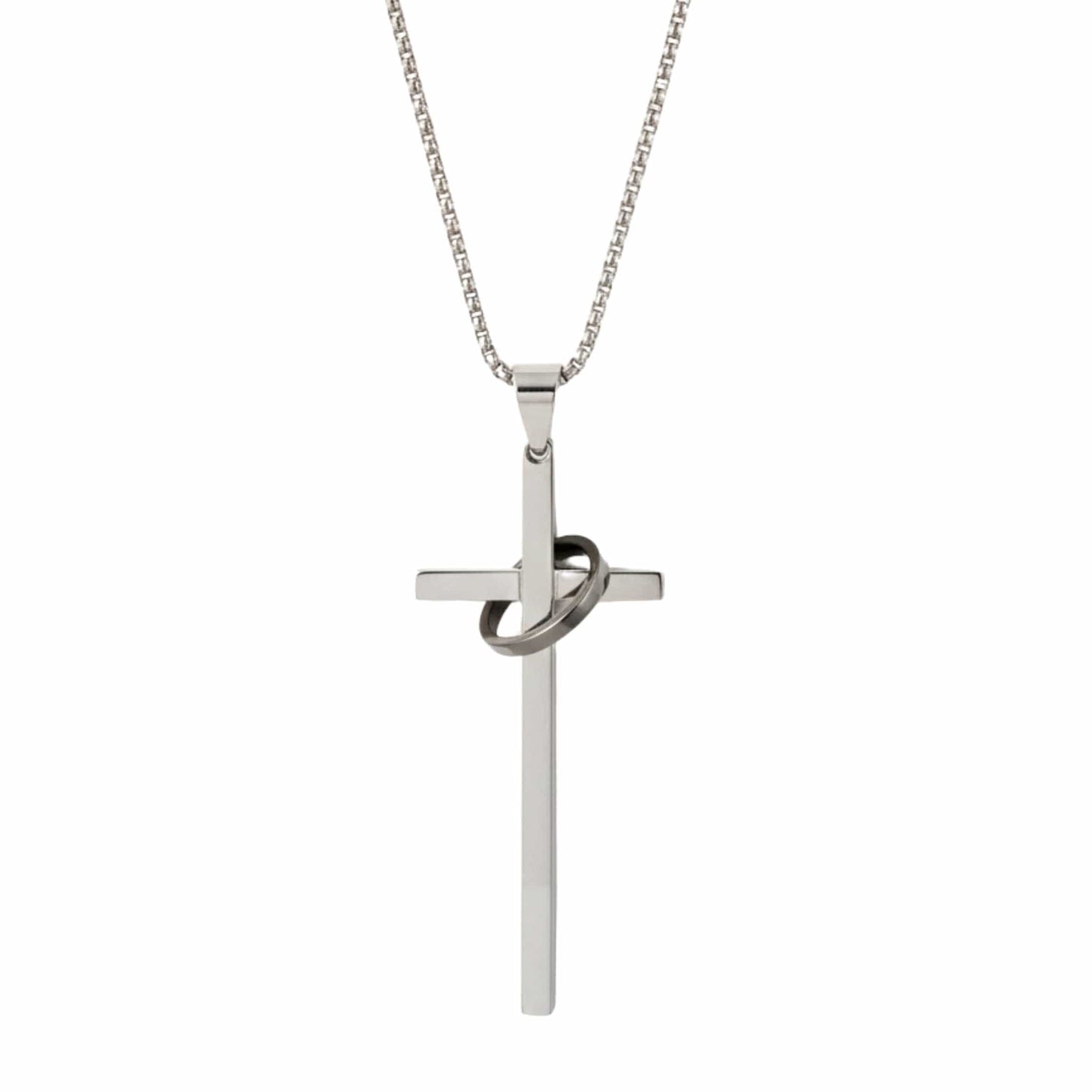 INTERLOCK RING CROSS - 29mm Pure Titanium Steel Pendant with 27inch Round Box 4mm Chain for Men & Boys - THE MEN THING