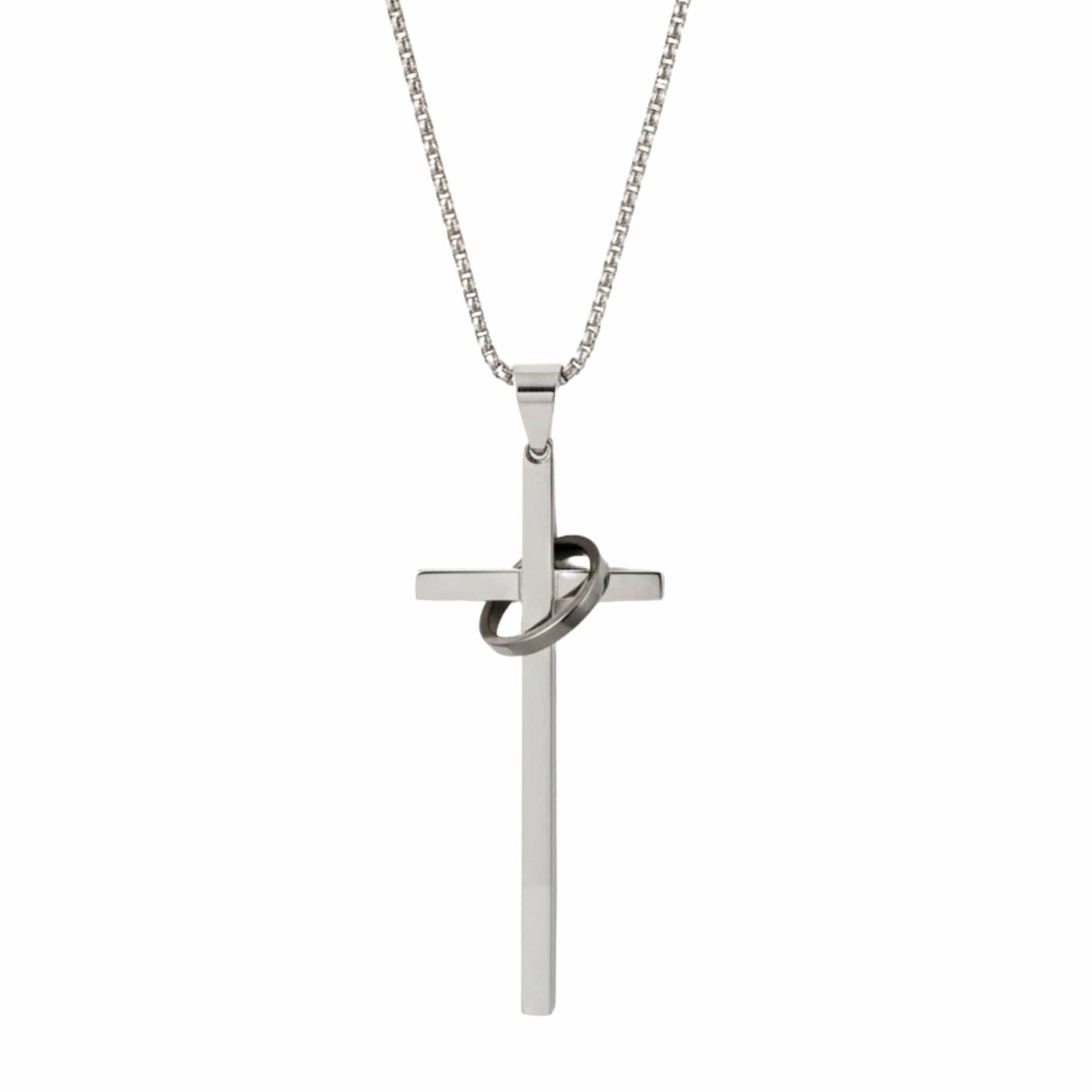 INTERLOCK RING CROSS - 29mm Pure Titanium Steel Pendant with 27inch Round Box 4mm Chain for Men & Boys - THE MEN THING