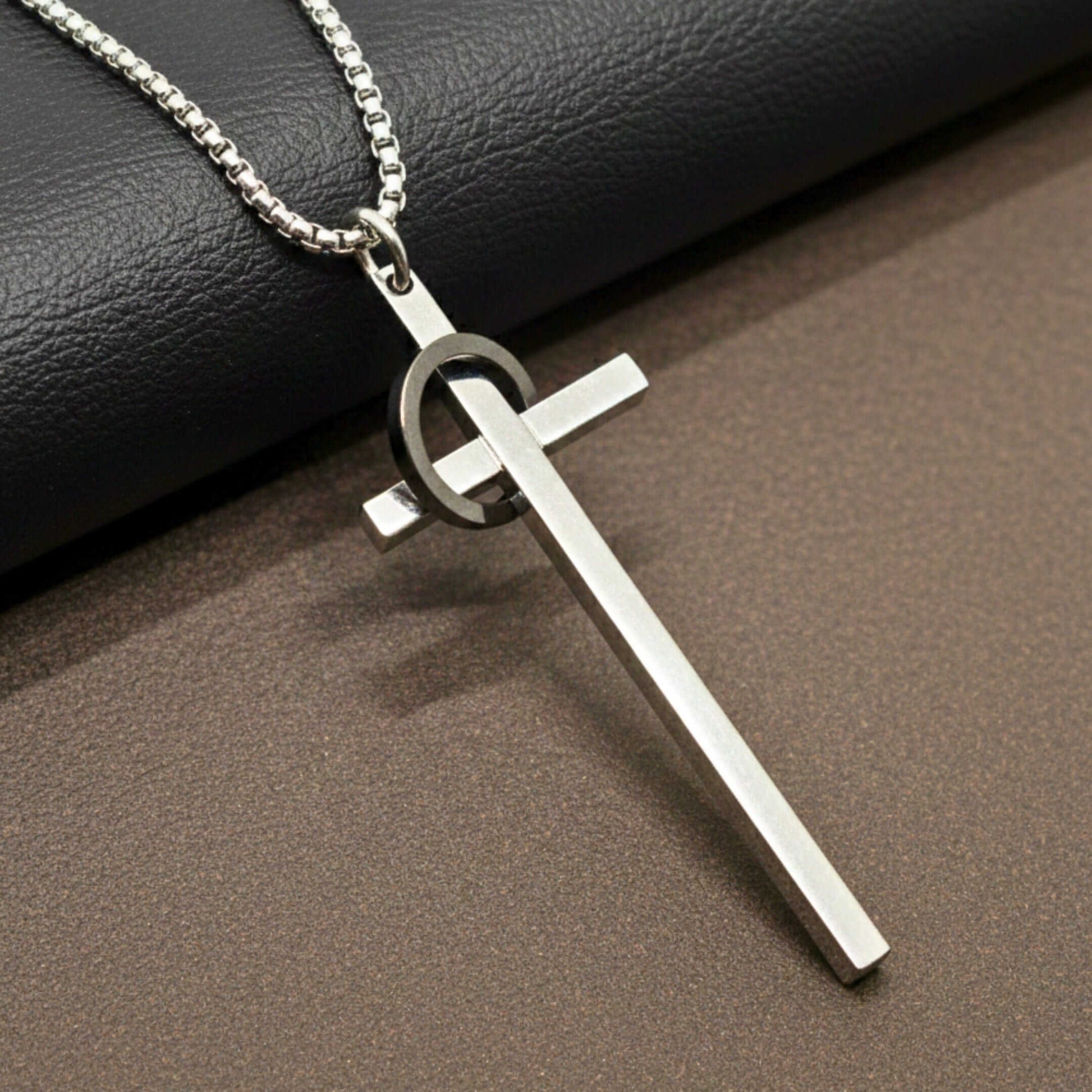 INTERLOCK RING CROSS - 29mm Pure Titanium Steel Pendant with 27inch Round Box 4mm Chain for Men & Boys - THE MEN THING
