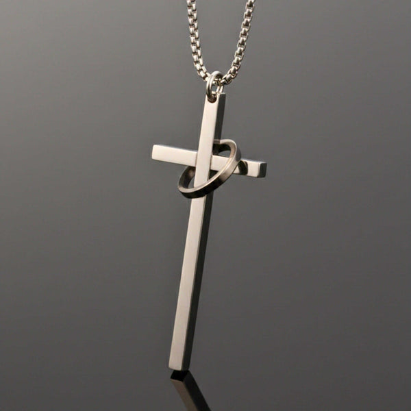 INTERLOCK RING CROSS - 29mm Pure Titanium Steel Pendant with 27inch Round Box 4mm Chain for Men & Boys