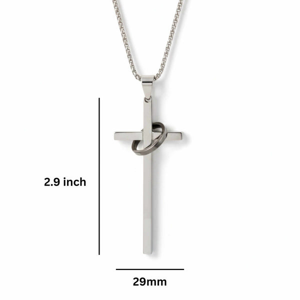 INTERLOCK RING CROSS - 29mm Pure Titanium Steel Pendant with 27inch Round Box 4mm Chain for Men & Boys