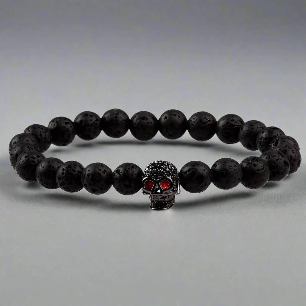 INTERNO BLACK SKULL - Natural Beads Bracelet - Oxy Black Toned Skull with Red Stone in Eyes (7inch) - THE MEN THING