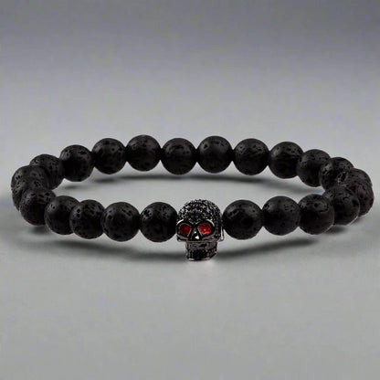 INTERNO BLACK SKULL - Natural Beads Bracelet - Oxy Black Toned Skull with Red Stone in Eyes (7inch) - THE MEN THING
