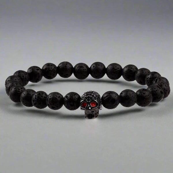 INTERNO BLACK SKULL - Natural Beads Bracelet - Oxy Black Toned Skull with Red Stone in Eyes (7inch)