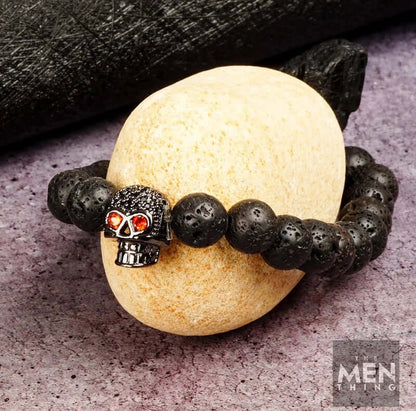 INTERNO BLACK SKULL - Natural Beads Bracelet - Oxy Black Toned Skull with Red Stone in Eyes (7inch) - THE MEN THING