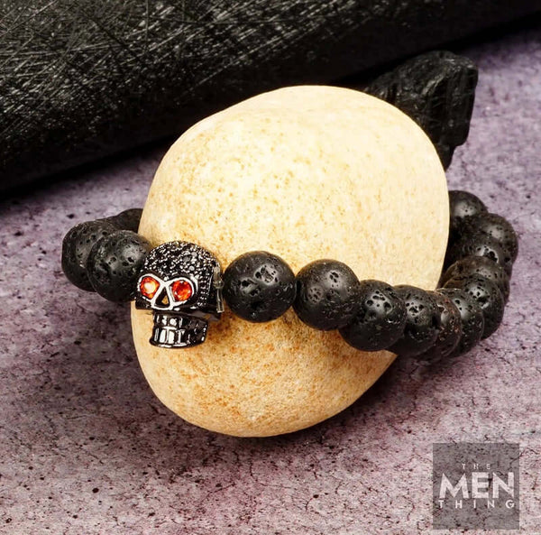 INTERNO BLACK SKULL - Natural Beads Bracelet - Oxy Black Toned Skull with Red Stone in Eyes (7inch)